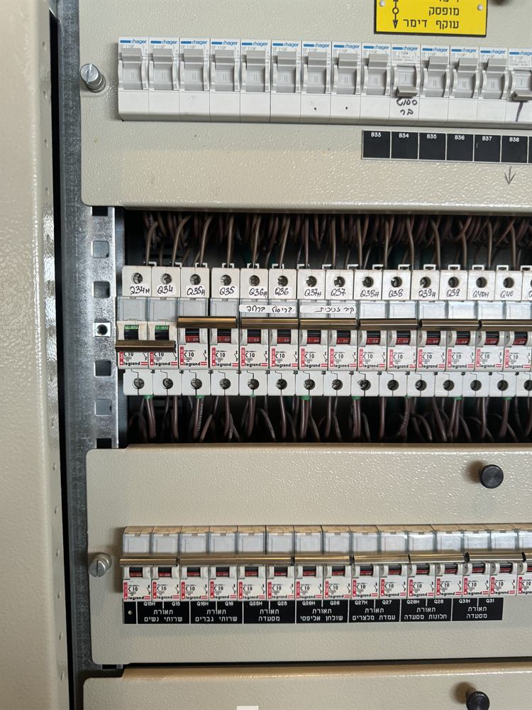 לוח חשמל גדול בעסק, כל מעגל מסומן בשמו